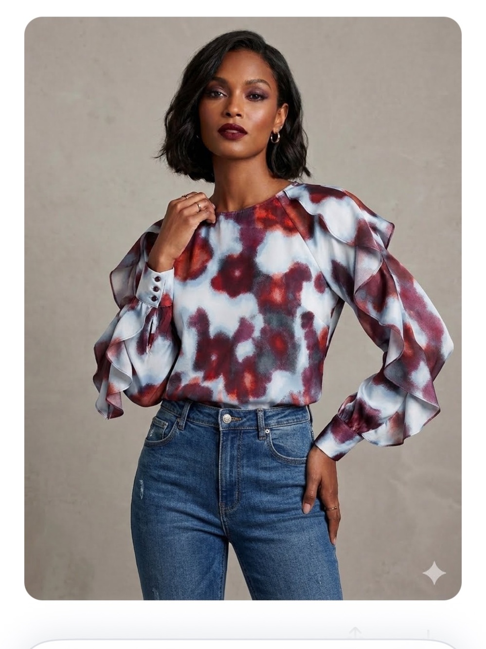 Valette Satin Ruffle Sleeve Floral Blouse Burgundy top XS